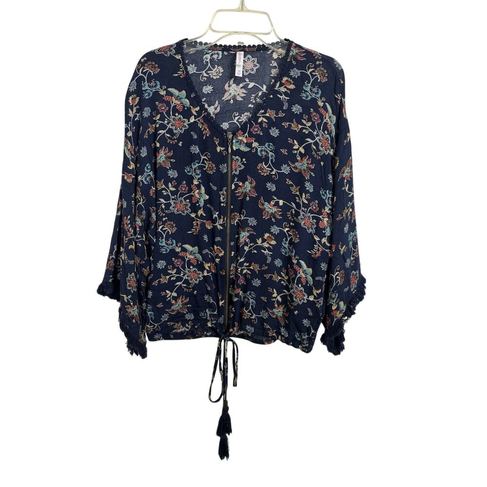 Navy Blue Sheer Floral Fringe Full Zip 3/4 Sleeve Top XS Tassels Western Boho